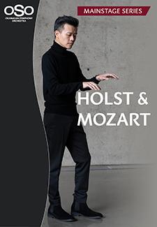 Pianist David Fung posing as playing piano. Right text "Holst & Mozart"