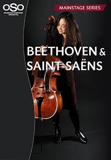 Cellist Rachel Mercer posing with Cello. Text: Beethoven & Saint-Saëns