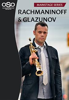 Saxophonist Allen Harrington posing with instrument on shoulder. Top text: Rachmaninoff & Glazunov